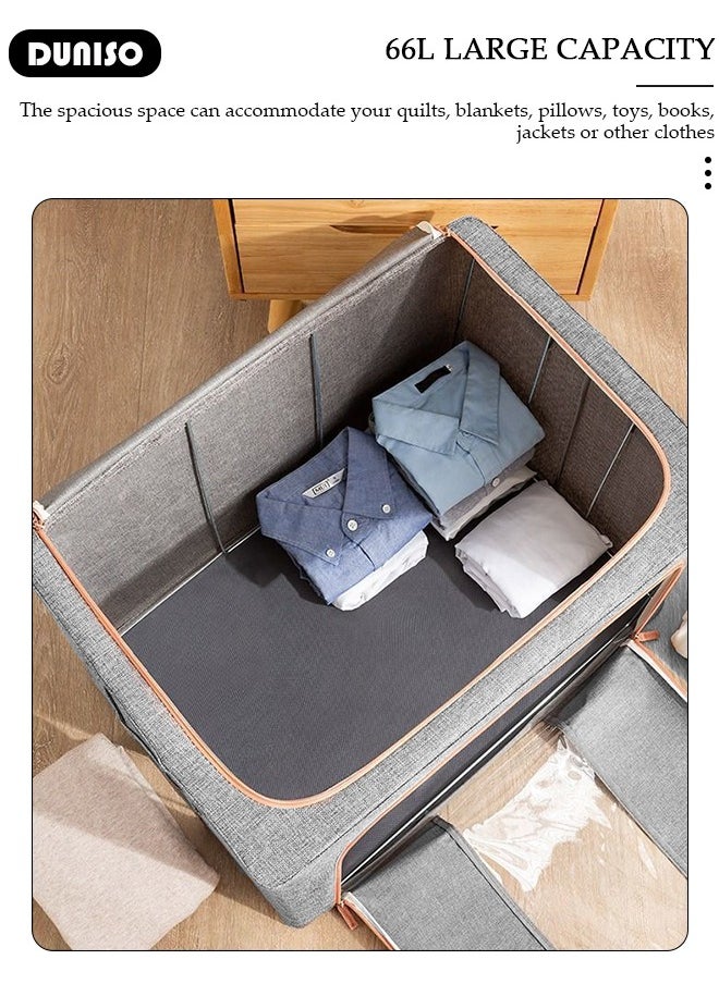 DUNISO - 2 Pack Closet Storage Box with Metal Frame, Stackable Flodable Closet Container Organizer with Lids Handle Double & Zippers, Large Capacity Wardrobe Clothes Storage Box with Clear Window for Blanket, Bedding, Clothes, Comforter - Image 1