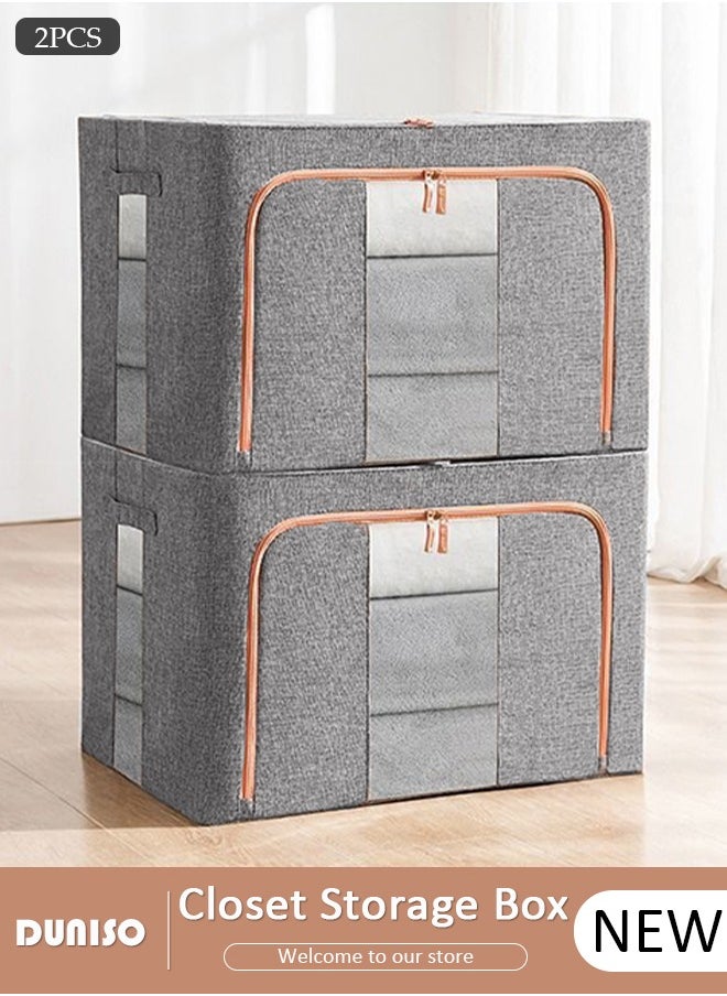 DUNISO - 2 Pack Closet Storage Box with Metal Frame, Stackable Flodable Closet Container Organizer with Lids Handle Double & Zippers, Large Capacity Wardrobe Clothes Storage Box with Clear Window for Blanket, Bedding, Clothes, Comforter - Image 1