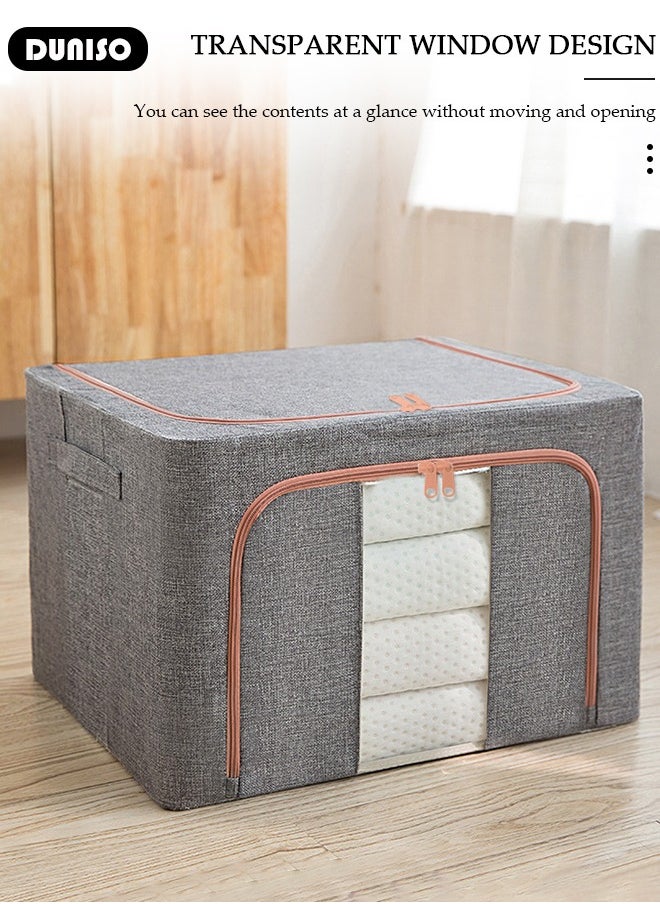 DUNISO - 2 Pack Closet Storage Box with Metal Frame, Stackable Flodable Closet Container Organizer with Lids Handle Double & Zippers, Large Capacity Wardrobe Clothes Storage Box with Clear Window for Blanket, Bedding, Clothes, Comforter - Image 1