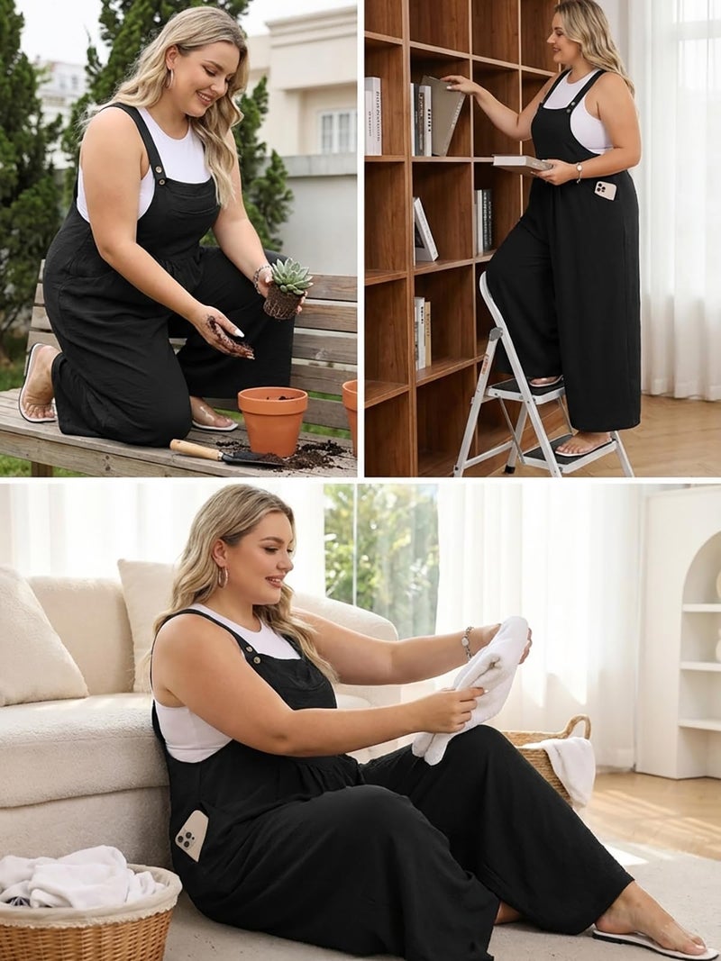 OLRIK Plus Size Jumpsuit for Curvy Women â€“ Loose Fit Wide Leg Overalls Flowy Romper Curvy Girl Summer Outfits Black-2X - Image 3