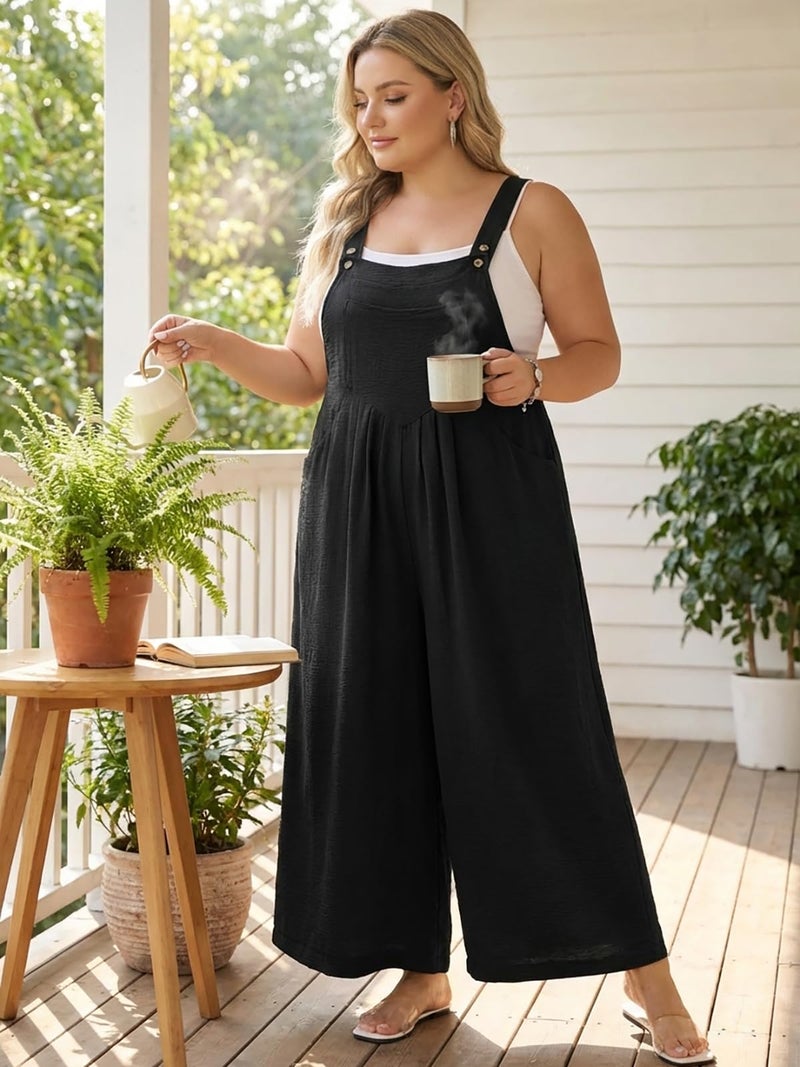 OLRIK Plus Size Jumpsuit for Curvy Women â€“ Loose Fit Wide Leg Overalls Flowy Romper Curvy Girl Summer Outfits Black-2X - Image 4