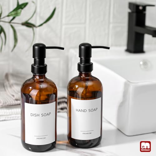 GM GMISUN GMISUN Amber Glass Soap Dispenser, 2 Pack Bathroom Hand Soap Dispensers with Stainless Steel Pump, 17 Fl Oz Kitchen Hand and Dish Soap Dispenser Set, Modern Vintage Liquid Brown Soap Dispensers Bottle - Image 5