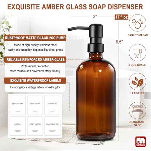 GM GMISUN GMISUN Amber Glass Soap Dispenser, 2 Pack Bathroom Hand Soap Dispensers with Stainless Steel Pump, 17 Fl Oz Kitchen Hand and Dish Soap Dispenser Set, Modern Vintage Liquid Brown Soap Dispensers Bottle - Image 3