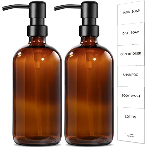 GM GMISUN GMISUN Amber Glass Soap Dispenser, 2 Pack Bathroom Hand Soap Dispensers with Stainless Steel Pump, 17 Fl Oz Kitchen Hand and Dish Soap Dispenser Set, Modern Vintage Liquid Brown Soap Dispensers Bottle - Image 1