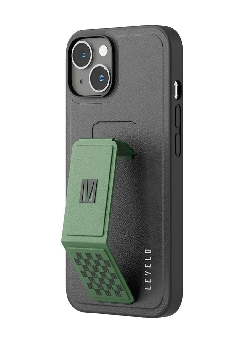 LEVELO Morphix Gripstand iPhone 14 Plus PU Leather Case - Black/Pacific Green - Image 1