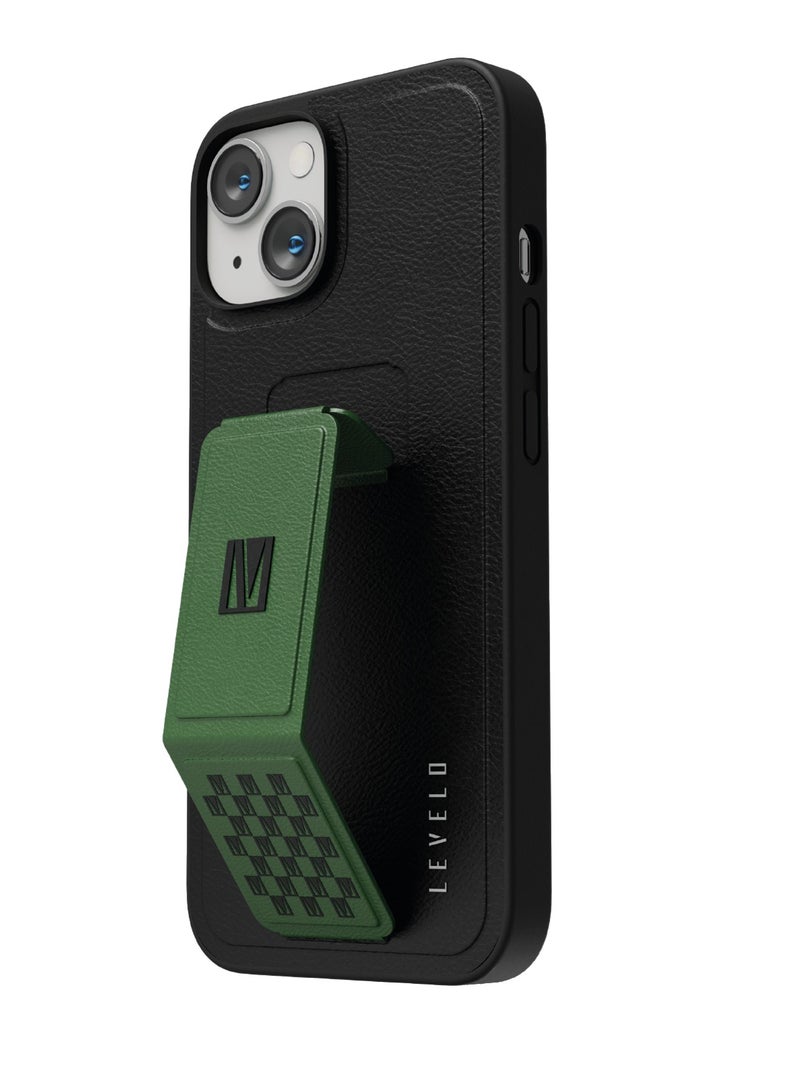 LEVELO Morphix Gripstand iPhone 14 Plus PU Leather Case - Black/Pacific Green - Image 4