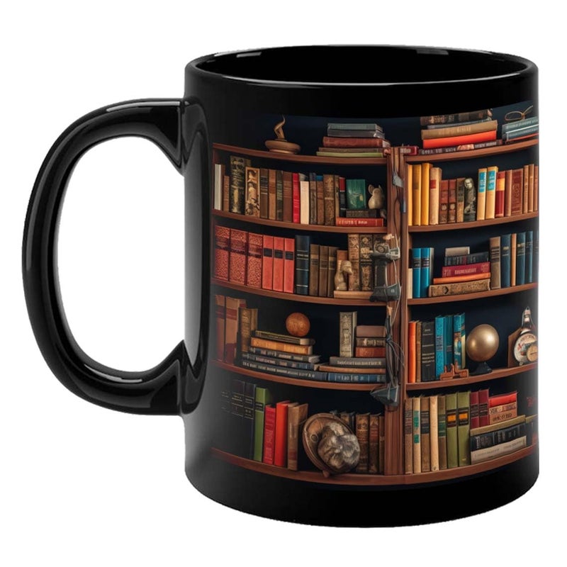 FirseBUY Bookshelf Coffee Mug for Book Lovers and Librarians Ceramic Cup Bookish Gift for Readers Book Clubs Bookworms Black 11oz - Image 1