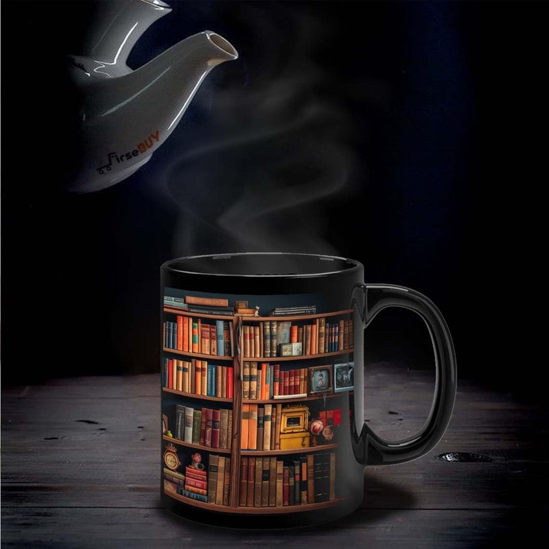 FirseBUY Bookshelf Coffee Mug for Book Lovers and Librarians Ceramic Cup Bookish Gift for Readers Book Clubs Bookworms Black 11oz - Image 2