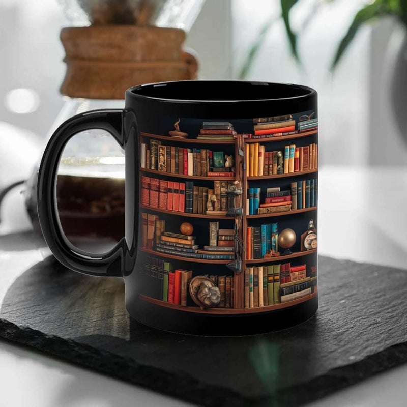 FirseBUY Bookshelf Coffee Mug for Book Lovers and Librarians Ceramic Cup Bookish Gift for Readers Book Clubs Bookworms Black 11oz - Image 3