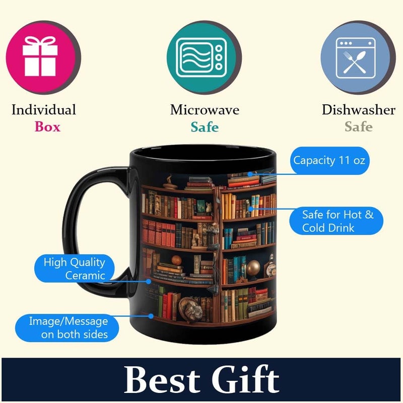 FirseBUY Bookshelf Coffee Mug for Book Lovers and Librarians Ceramic Cup Bookish Gift for Readers Book Clubs Bookworms Black 11oz - Image 5
