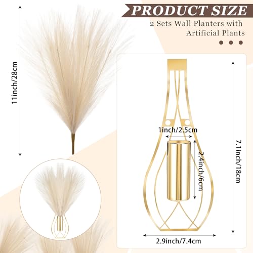 Otoolling 2 Pieces Hanging Plant Wall Decor with Artificial Pampas Grass Metal Hanging Vase Modern Geometric Farmhouse Bohemian Wall Art for Living Room Bedroom Kitchen OfficeGold Beige - Image 3
