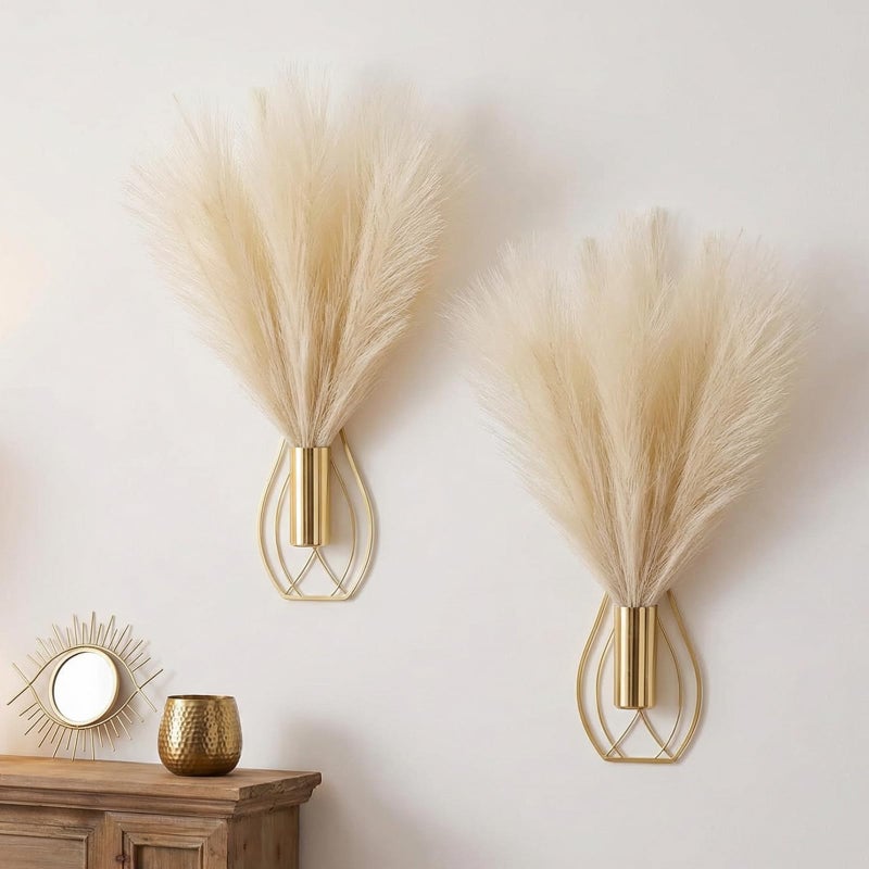 Otoolling 2 Pieces Hanging Plant Wall Decor with Artificial Pampas Grass Metal Hanging Vase Modern Geometric Farmhouse Bohemian Wall Art for Living Room Bedroom Kitchen OfficeGold Beige - Image 2
