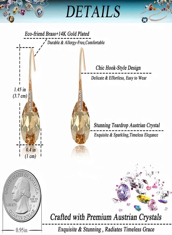 EVEVIC Austrian Crystal Teardrop Dangle Earrings for Women Drop Hook Earring 14K Rose Gold Plated Hypoallergenic Jewelry (Light Topaz) - Image 4