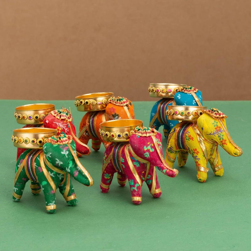 JH Gallery Handcrafted Recycled Material Elephant Tealight Candle Holder Home Decoration Item for Diwali Decor (Multicolor, 8 X 5 X 10 Cm) - Pack of 6 - Image 1