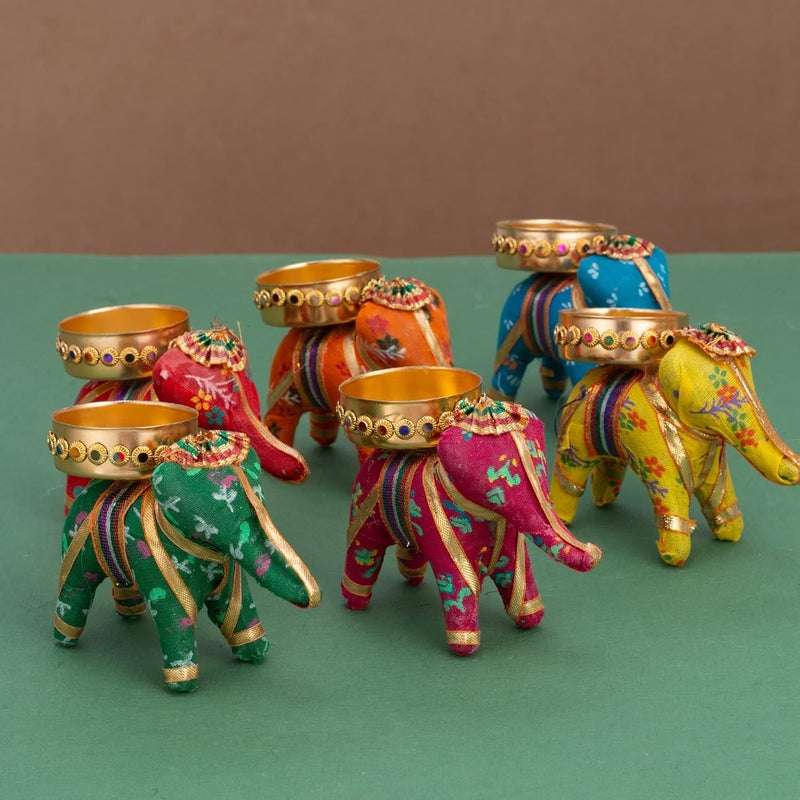 JH Gallery Handcrafted Recycled Material Elephant Tealight Candle Holder Home Decoration Item for Diwali Decor (Multicolor, 8 X 5 X 10 Cm) - Pack of 6 - Image 3