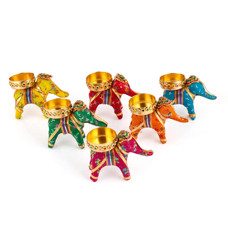 JH Gallery Handcrafted Recycled Material Elephant Tealight Candle Holder Home Decoration Item for Diwali Decor (Multicolor, 8 X 5 X 10 Cm) - Pack of 6 - Image 2