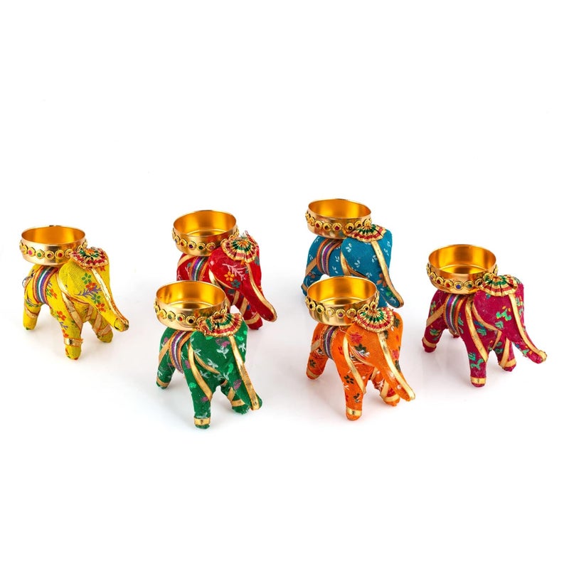 JH Gallery Handcrafted Recycled Material Elephant Tealight Candle Holder Home Decoration Item for Diwali Decor (Multicolor, 8 X 5 X 10 Cm) - Pack of 6 - Image 4
