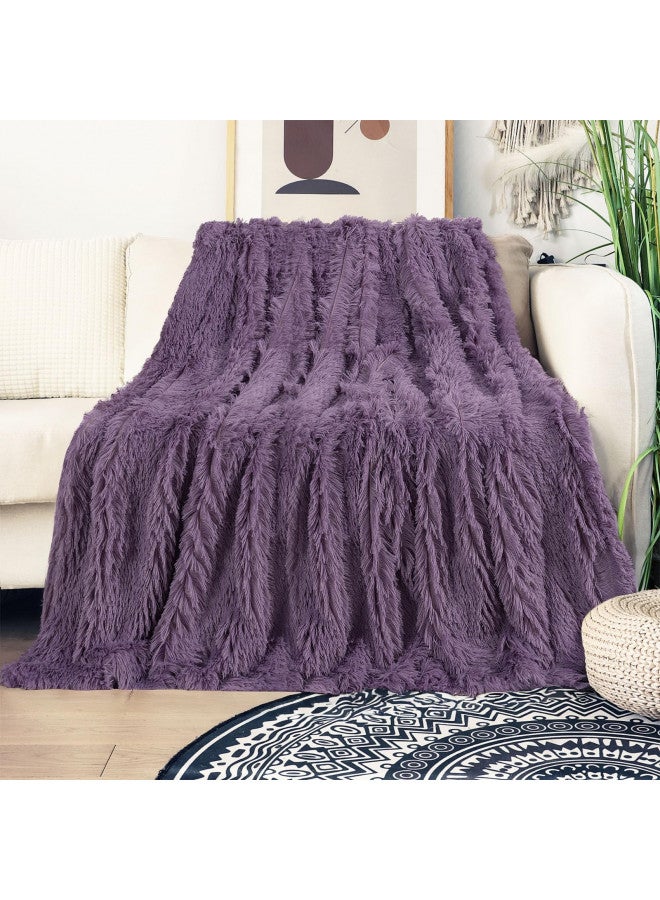Tuddrom Decorative Extra Soft Fuzzy Faux Fur Throw Blanket 50" x 60",Solid Reversible Long Hair Shaggy Blanket,Fluffy Plush Comfy Microfiber Fleece Blanket for Couch Sofa Bedroom,Patrican Purple - Image 2