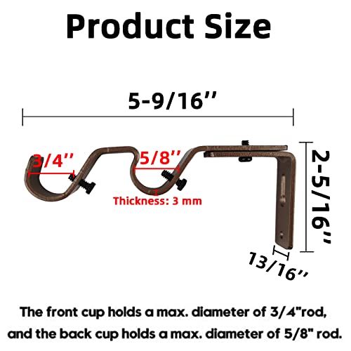 Kowibcl Double Curtain Rod Bracket Heavy Duty Curtain Brackets, 3 Pcs Adjustable Double Rod Holders for 3/4 and 5/8 Inch (Bronze) - Image 2