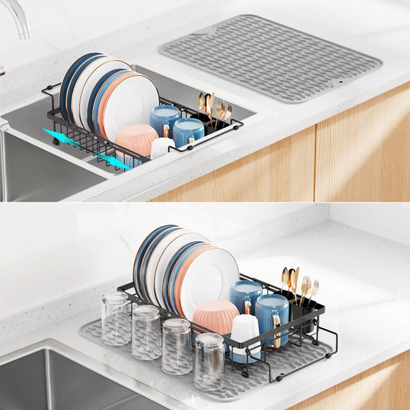 iSPECLE Expandable in Sink Dish Drying Rack with Silicone Mat Adjustable Capacity Over The Sink Dish Drainer Drying Rack with Utensil Holder 124171 L x 12 W Black