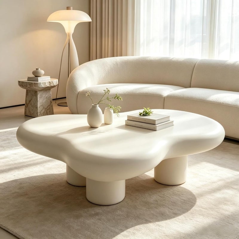 Cloud-Shaped Coffee Table with Cylindrical Legs, Cream White - Image 4