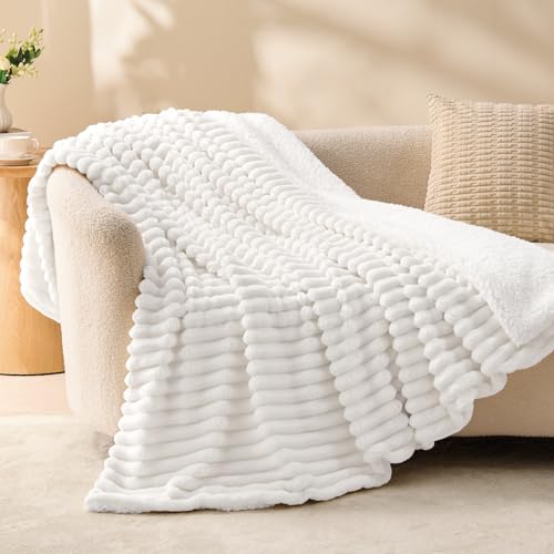 INFIIXSO Sherpa Throw Blanket for Couch - Super Soft & Warm Striped Fleece Blanket, Cozy Plush Fluffy Blanket All Season Use (Off White, 50x60 Inches) - Image 1