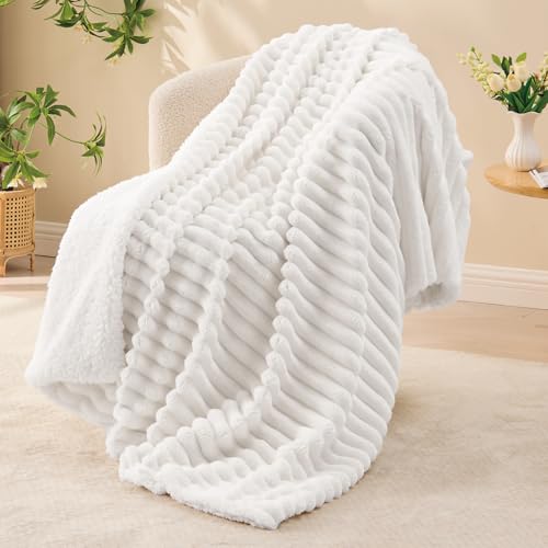 INFIIXSO Sherpa Throw Blanket for Couch - Super Soft & Warm Striped Fleece Blanket, Cozy Plush Fluffy Blanket All Season Use (Off White, 50x60 Inches) - Image 2