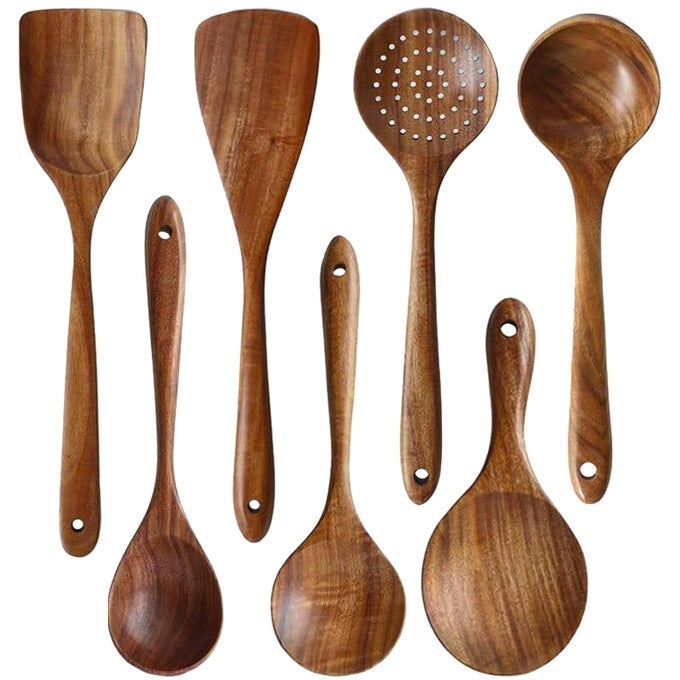 WOODEN SPOONS FOR COOKING 7PCS HANDMADE NATURAL TEAK COOKING SPOONS WOODEN SPATULA FOR NON STICK COOKWARE 7 SETS