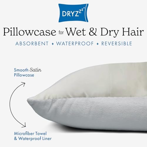 DryZzz Waterproof Pillow Protector Cooling Pillow Case 29"x19" 1pc Ivory Standard Size, Absorbent Towel Pillowcase Dual-Sided Satin & Microfiber, Sweat Proof Pillow Cover, Hair Drying Pillowcase - Image 2