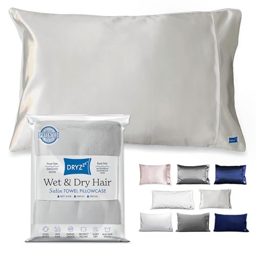 DryZzz Waterproof Pillow Protector Cooling Pillow Case 29"x19" 1pc Ivory Standard Size, Absorbent Towel Pillowcase Dual-Sided Satin & Microfiber, Sweat Proof Pillow Cover, Hair Drying Pillowcase - Image 1