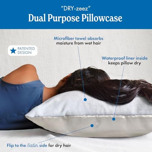 DryZzz Waterproof Pillow Protector Cooling Pillow Case 29"x19" 1pc Ivory Standard Size, Absorbent Towel Pillowcase Dual-Sided Satin & Microfiber, Sweat Proof Pillow Cover, Hair Drying Pillowcase - Image 3