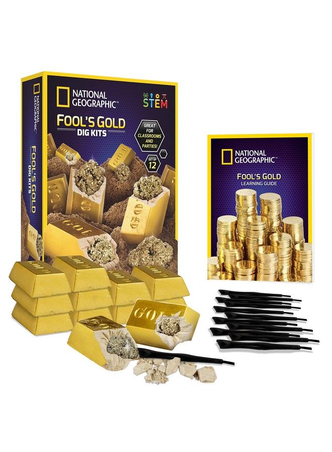 NATIONAL GEOGRAPHIC مجموعة Fool’S Gold Dig Kit، 12 قطعة من قوالب حفر سبائك الذهب مع 2 عينة من البيريت بالداخل، نشاط للحفلات مع 12 مجموعة من أدوات الحفر، لعبة رائعة للأولاد والبنات أو هدايا الحفلات - Image 1