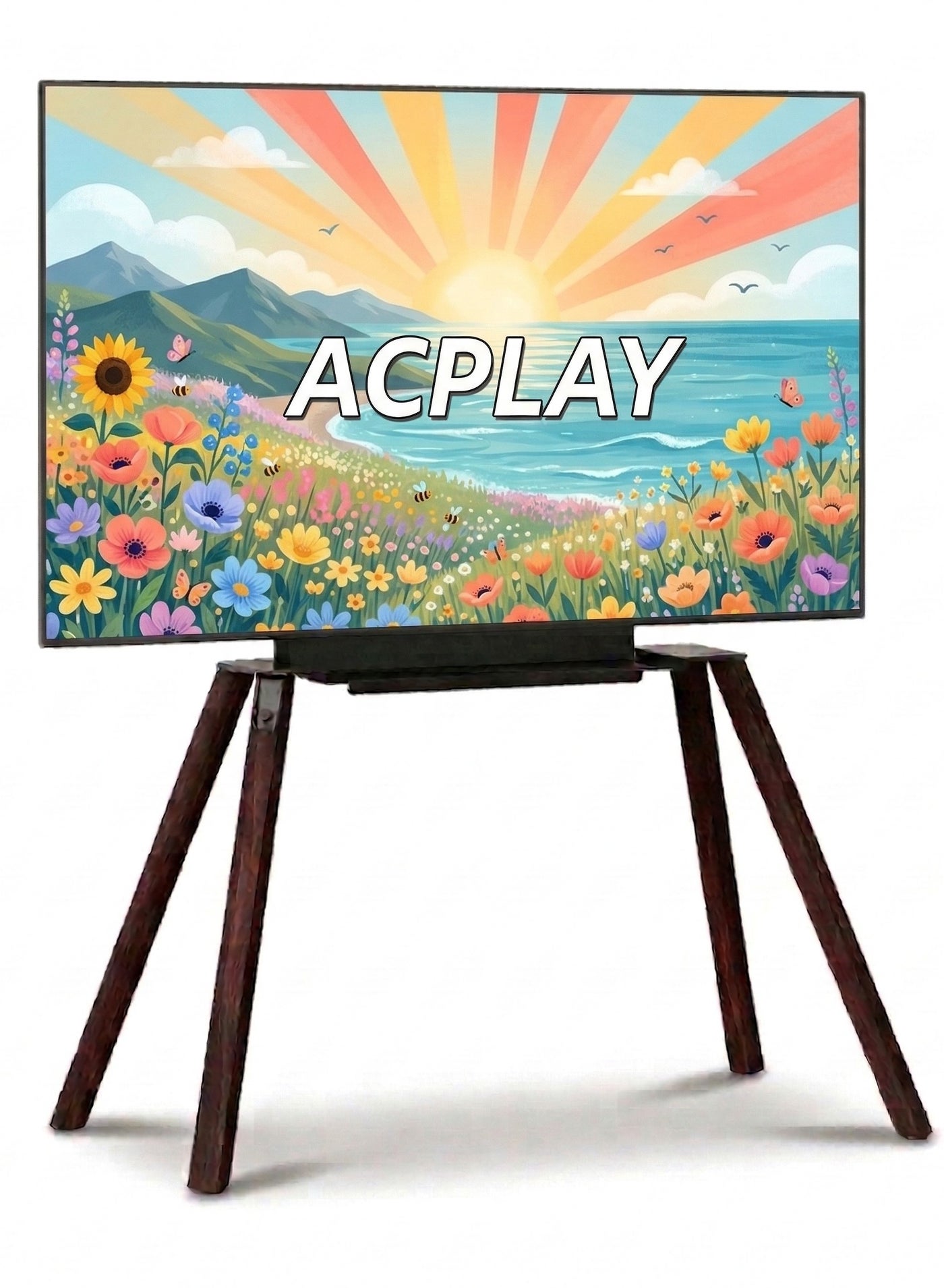 Easel Tripod TV Floor Stand for 32-70 Inch TVs, Real Wood Walnut Legs, Height Adjustable TV Stand with Mount, VESA 100x100-400x400, 40kg Capacity, Storage Shelf, Anti-Tip Safety Kit