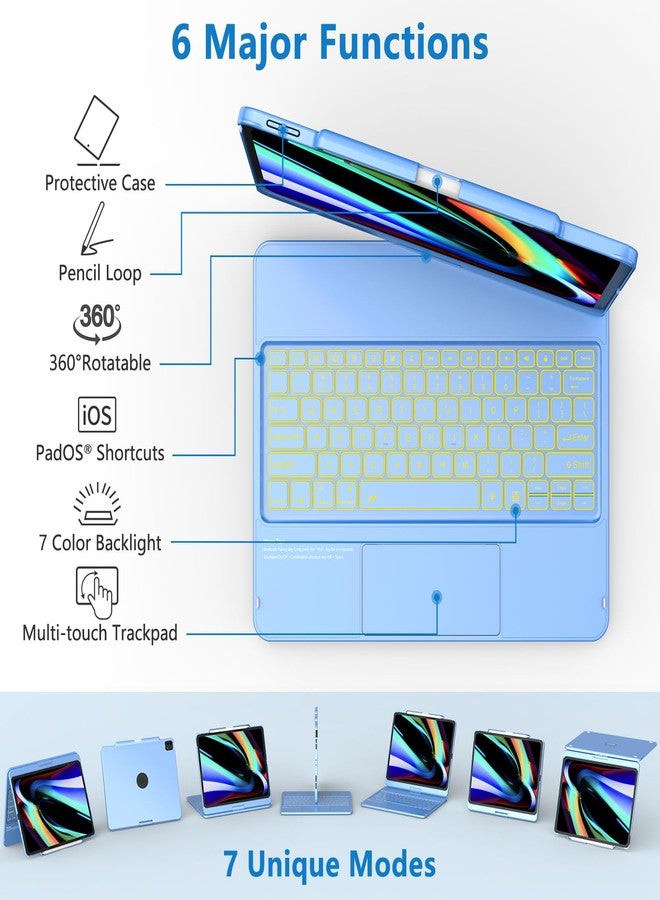 TQQ iPad Air 13 Inch Case Keyboard (M3 2025 / M2 2024), iPad Pro 12.9 (6th, 5th, 4th, 3rd Gen) Keyboard - 360° Rotatable, 7-Color Backlight, Multi-Touch Trackpad, Thin & Light (Blue) - Image 3