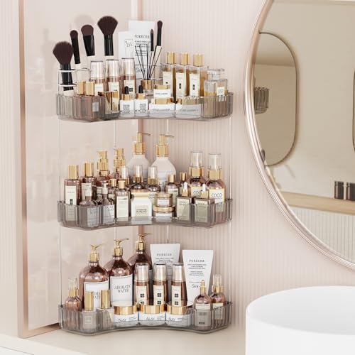 Asayuee 3Tier Corner Bathroom Counter Organizer with Top Toothbrush HoldersLarge Makeup Organizer Countertop with Brush HolderSkincare Organizers CornerExquisite Vanity Organizer Gray 3 Tier - Image 1