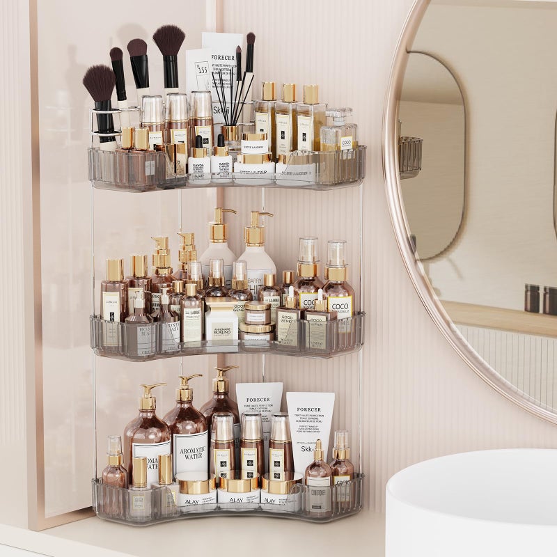 Asayuee 3Tier Corner Bathroom Counter Organizer with Top Toothbrush HoldersLarge Makeup Organizer Countertop with Brush HolderSkincare Organizers CornerExquisite Vanity Organizer Gray 3 Tier - Image 2