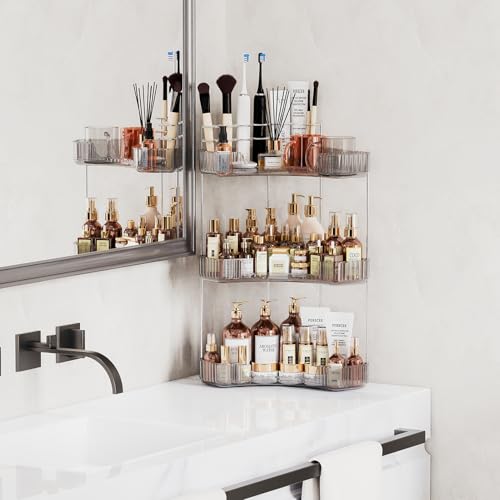 Asayuee 3Tier Corner Bathroom Counter Organizer with Top Toothbrush HoldersLarge Makeup Organizer Countertop with Brush HolderSkincare Organizers CornerExquisite Vanity Organizer Gray 3 Tier - Image 3