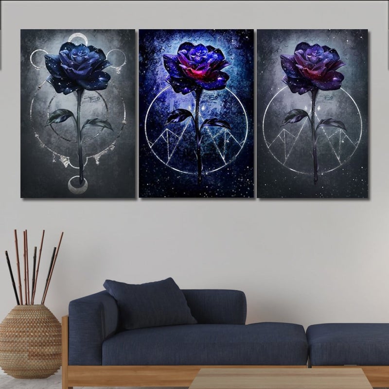 Marktna Three modern canvas paintings with a floral design and a hollow frame, measuring (90×40), three pieces - Image 1