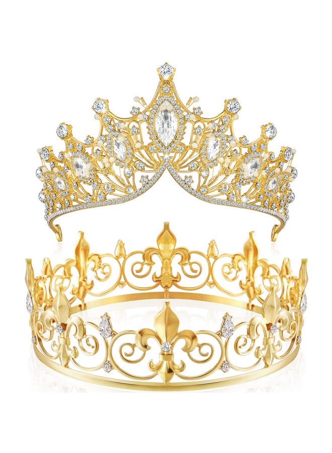 Junkin 2 Pcs Crowns for Men Women Baroque Queen Crown King Prince Tiara Princess Crystal Headband Rhinestone Prom Party(Gold) - Image 1
