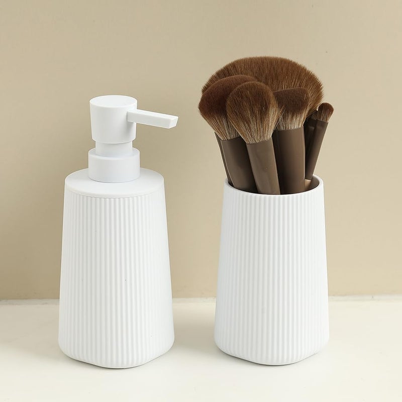 YAUKPH Bathroom Accessories 2 Piece Soap Dispenser and Toothbrush Holder Set Striped White - Image 5