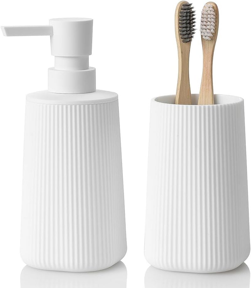 YAUKPH Bathroom Accessories 2 Piece Soap Dispenser and Toothbrush Holder Set Striped White - Image 1
