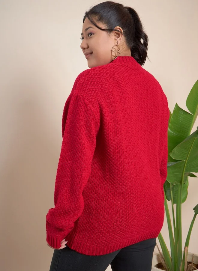CURVY STREET Red Cable Knit Pullover for Women