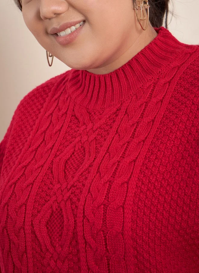 CURVY STREET Red Cable Knit Pullover for Women