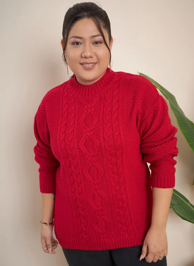 CURVY STREET Red Cable Knit Pullover for Women
