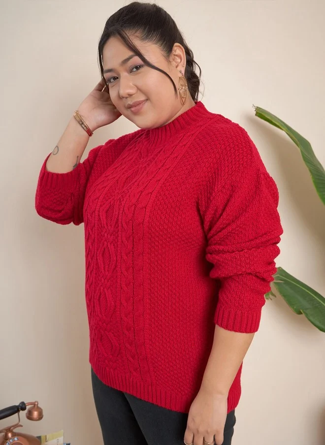 CURVY STREET Red Cable Knit Pullover for Women