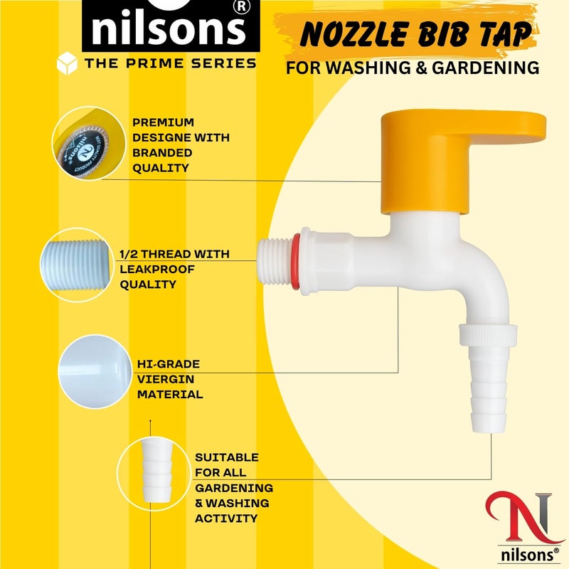 nilsons طقم صنبور بوب كوك 5 قطع باللون الأصفر الملكي | صنبور ماء بلاستيكي مع موصل خرطوم للحديقة، وغسالة الملابس، والحمام، والاستخدامات العامة | مثبت على الحائط | مانع للتسرب | مقاوم للصدأ | مناسب لأنبوب ½ بوصة - Image 2
