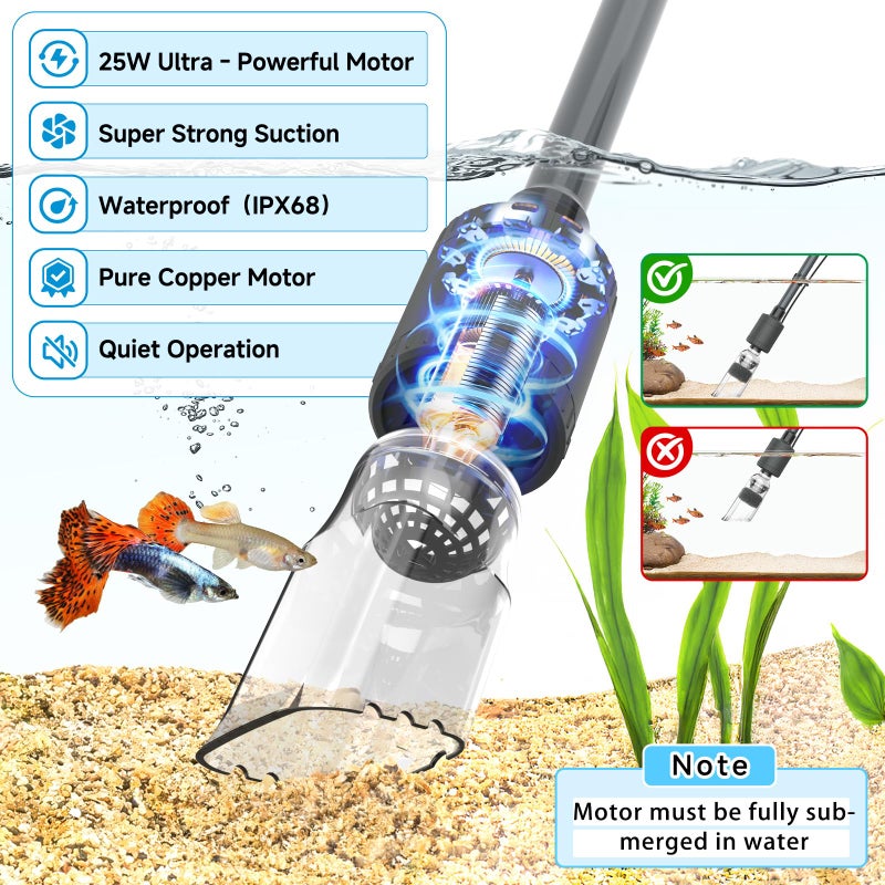 fishkeeper Aquarium Vacuum Gravel Cleaner, 25W 6 in 1 Multifunction Fish Tank Cleaner Kit for Automatic Water Change, Wash Sand, Water Circulation Infinitely Adjustable Flow Fish Tank Cleaner Vacuum - Image 2