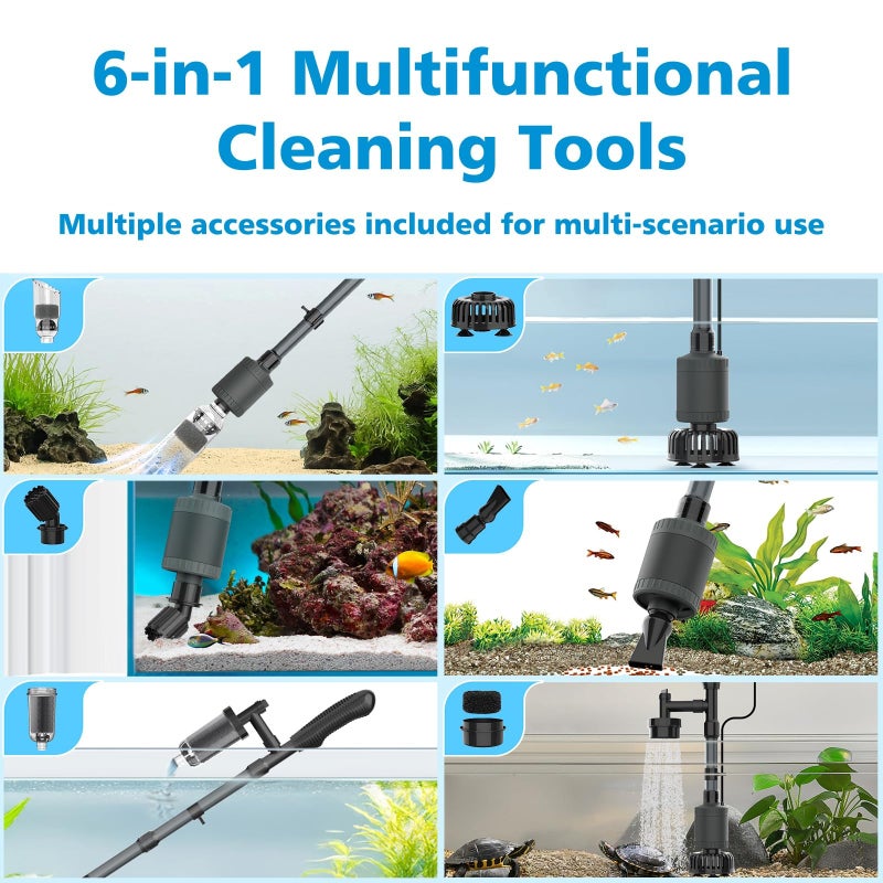 fishkeeper Aquarium Vacuum Gravel Cleaner, 25W 6 in 1 Multifunction Fish Tank Cleaner Kit for Automatic Water Change, Wash Sand, Water Circulation Infinitely Adjustable Flow Fish Tank Cleaner Vacuum - Image 4
