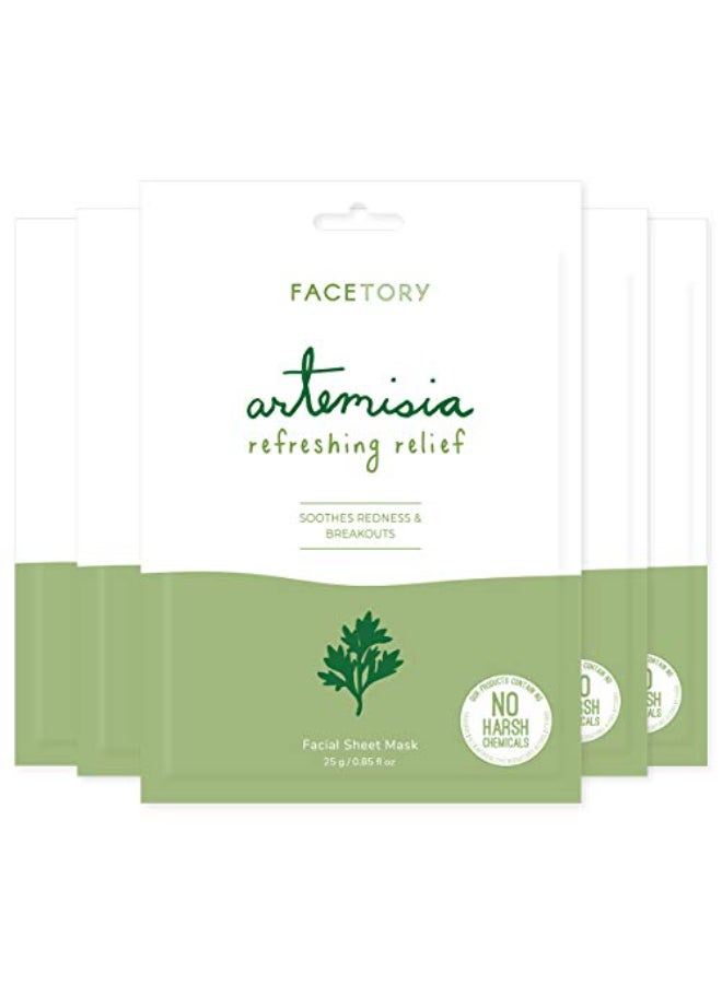 FACETORY K Beauty Face Mask Skin Care ARTEMISIA REFRESHING RELIEF Sheet Mask with Artemesia Plant Extract Soothes Redness Breakouts 5 Pack - Image 1