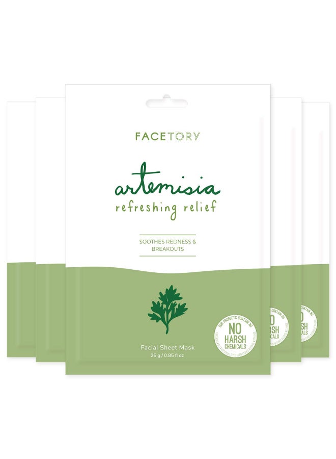 FACETORY K Beauty Face Mask Skin Care ARTEMISIA REFRESHING RELIEF Sheet Mask with Artemesia Plant Extract Soothes Redness Breakouts 5 Pack - Image 3
